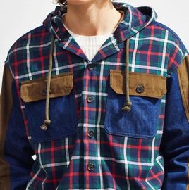 100% Cotton Mens Fashion Casual Shirts Full Sleeve With Blocked Hooded